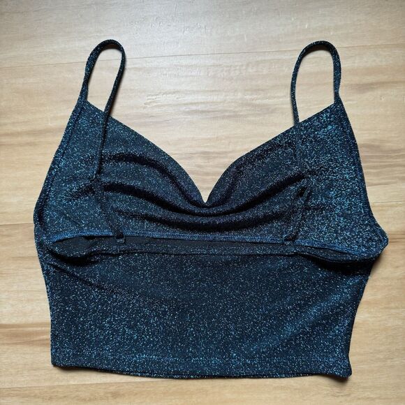Women's Draped Cowl Neck Cropped Tank Top Blue Glitter Metallic Micro Cami M - Picture 2 of 9